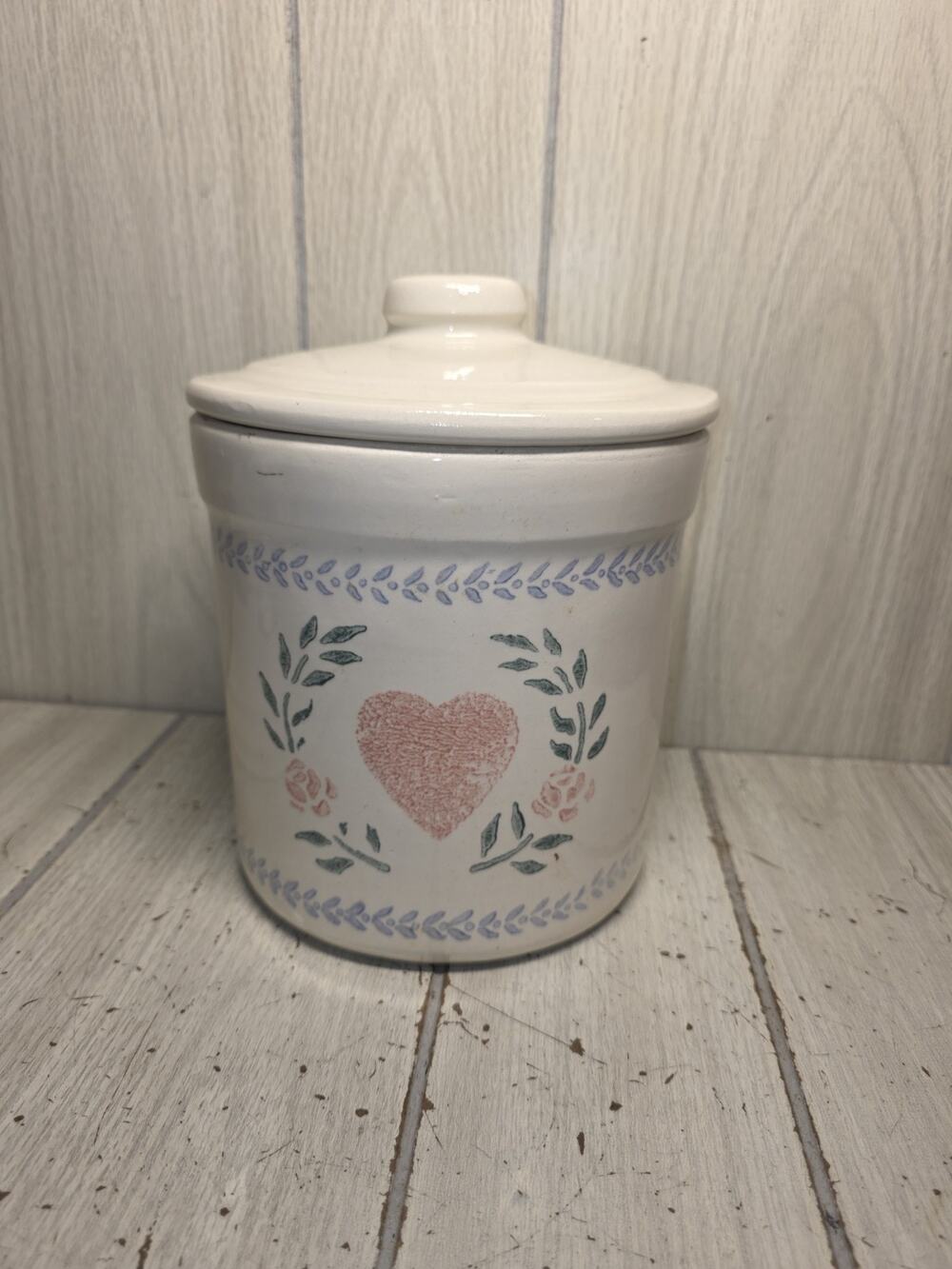 Vintage Pink Heart Flower Croc Canister USA Made 8" Kitchen Storage Cottagecore